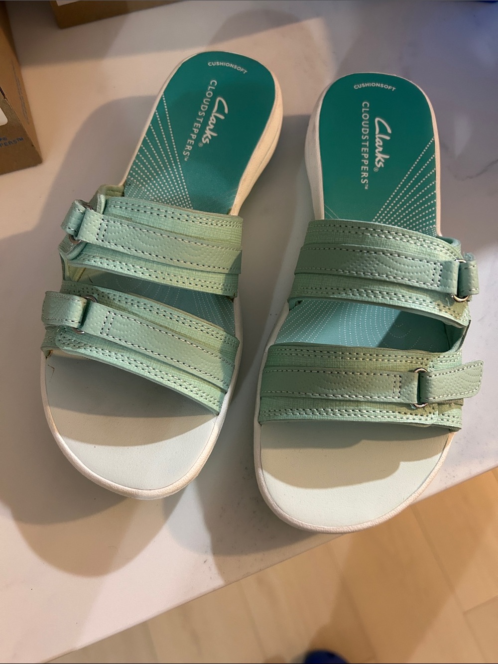 Clarks Cloudsteppers Pale Green Dual-Strap Slide Sandals